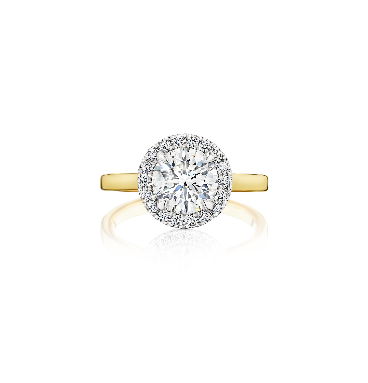 Round Diamond Halo Engagement Ring in Yellow Gold and Platinum
